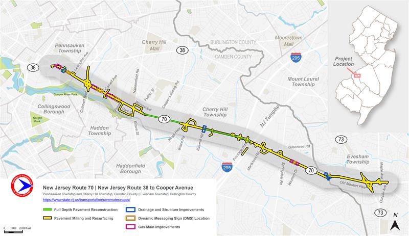 Route 70, Route 38 to Cooper Avenue project limits map